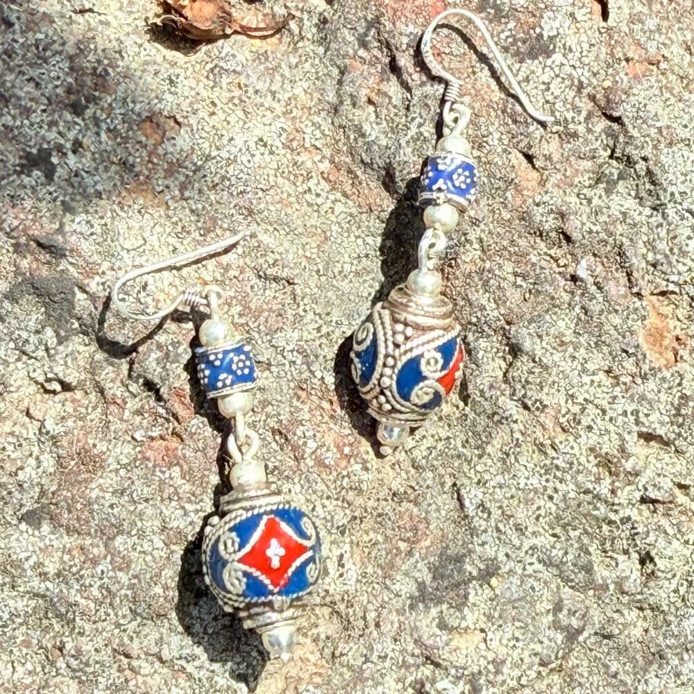 Vintage Sterling Cloisonne dangle Earrings - Picture 6 of 12